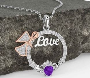 Diamond Amethyst Rose Gold Silver Claddagh Angel Love Necklace