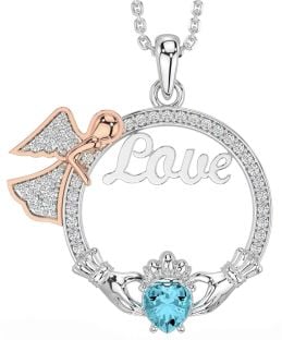 Diamond Aquamarine Rose Gold Silver Claddagh Angel Love Necklace