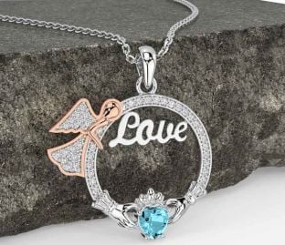 Diamond Aquamarine Rose Gold Silver Claddagh Angel Love Necklace