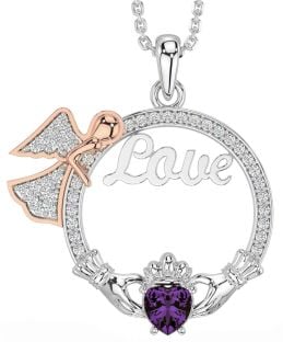 Diamond Alexandrite Rose Gold Silver Claddagh Angel Love Necklace