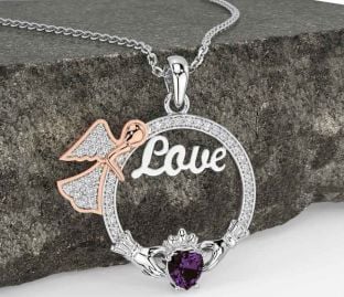 Diamond Alexandrite Rose Gold Silver Claddagh Angel Love Necklace