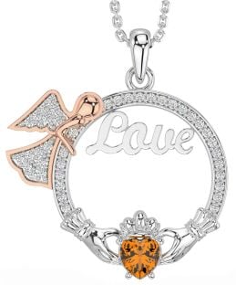 Diamond Citrine Rose Gold Silver Claddagh Angel Love Necklace