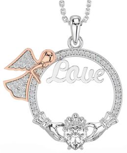 Diamond Rose Gold Silver Claddagh Angel Love Necklace