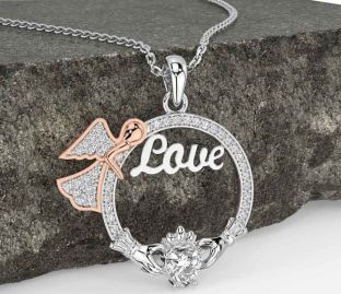 Diamond Rose Gold Silver Claddagh Angel Love Necklace