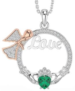 Diamond Emerald Rose Gold Silver Claddagh Angel Love Necklace