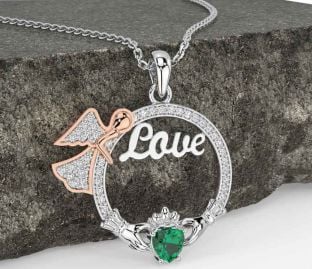 Diamond Emerald Rose Gold Silver Claddagh Angel Love Necklace