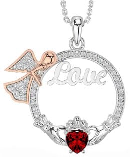 Diamond Garnet Rose Gold Silver Claddagh Angel Love Necklace