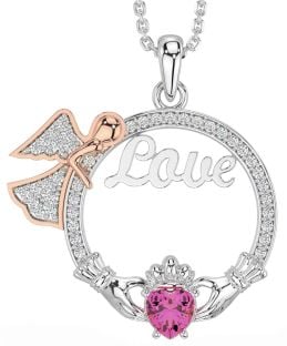 Diamond Pink Tourmaline Rose Gold Silver Claddagh Angel Love Necklace