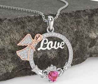Diamond Pink Tourmaline Rose Gold Silver Claddagh Angel Love Necklace