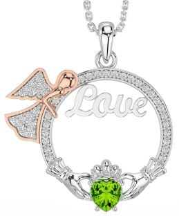 Diamond Peridot Rose Gold Silver Claddagh Angel Love Necklace