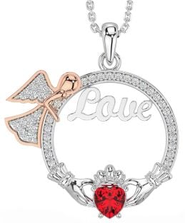 Diamond Ruby Rose Gold Silver Claddagh Angel Love Necklace