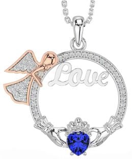 Diamond Sapphire Rose Gold Silver Claddagh Angel Love Necklace