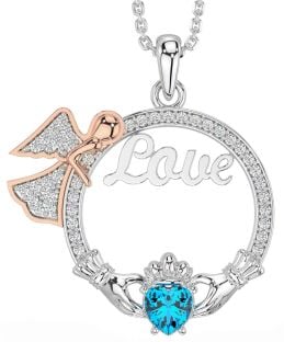 Diamond Topaz Rose Gold Silver Claddagh Angel Love Necklace