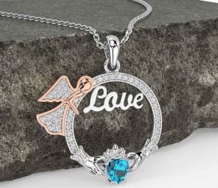 Diamond Topaz Rose Gold Silver Claddagh Angel Love Necklace