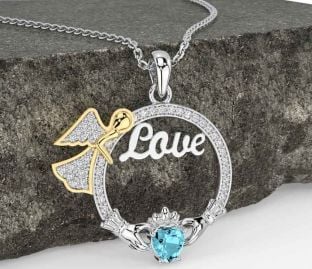 Diamond Aquamarine Gold Silver Claddagh Angel Love Necklace