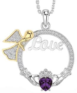 Diamond Alexandrite Gold Silver Claddagh Angel Love Necklace