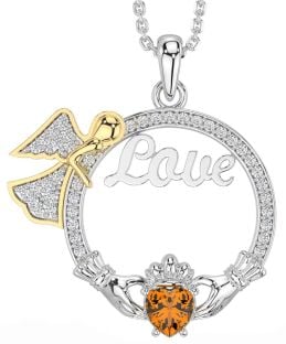 Diamond Citrine Gold Silver Claddagh Angel Love Necklace