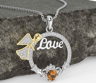 Diamond Citrine Gold Silver Claddagh Angel Love Necklace