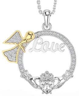 Diamond Gold Silver Claddagh Angel Love Necklace