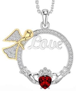 Diamond Garnet Gold Silver Claddagh Angel Love Necklace