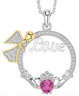 Diamond Pink Tourmaline Gold Silver Claddagh Angel Love Necklace