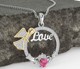 Diamond Pink Tourmaline Gold Silver Claddagh Angel Love Necklace