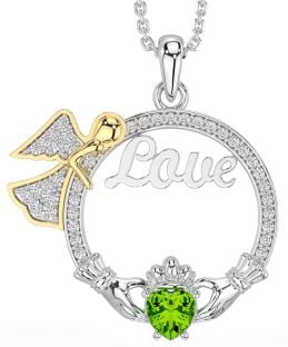 Diamond Peridot Gold Silver Claddagh Angel Love Necklace