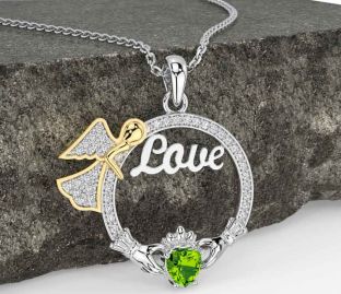 Diamond Peridot Gold Silver Claddagh Angel Love Necklace