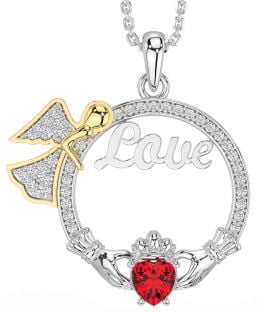 Diamond Ruby Gold Silver Claddagh Angel Love Necklace