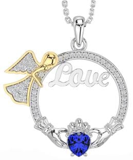 Diamond Sapphire Gold Silver Claddagh Angel Love Necklace