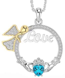 Diamond Topaz Gold Silver Claddagh Angel Love Necklace