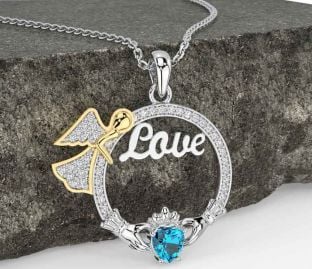 Diamond Topaz Gold Silver Claddagh Angel Love Necklace