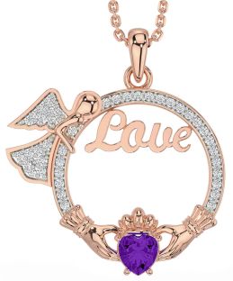 Diamond Amethyst Rose Gold Silver Claddagh Angel Love Necklace