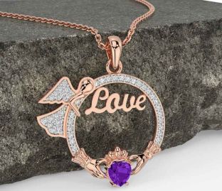 Diamond Amethyst Rose Gold Silver Claddagh Angel Love Necklace