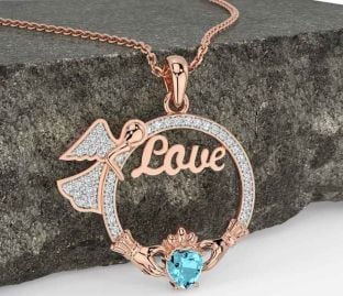 Diamond Aquamarine Rose Gold Silver Claddagh Angel Love Necklace