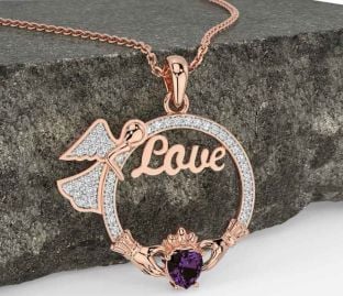 Diamond Alexandrite Rose Gold Silver Claddagh Angel Love Necklace