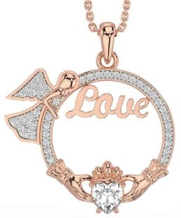 Diamond Rose Gold Silver Claddagh Angel Love Necklace