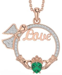 Diamond Emerald Rose Gold Silver Claddagh Angel Love Necklace