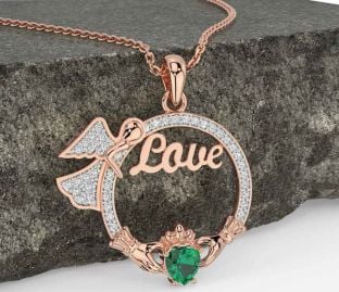 Diamond Emerald Rose Gold Silver Claddagh Angel Love Necklace