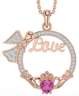 Diamond Pink Tourmaline Rose Gold Silver Claddagh Angel Love Necklace