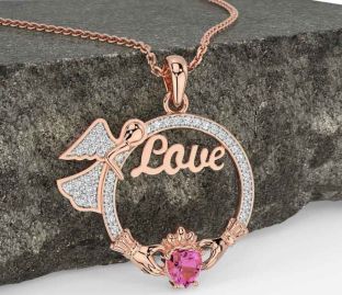 Diamond Pink Tourmaline Rose Gold Silver Claddagh Angel Love Necklace