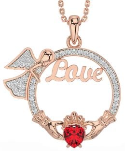 Diamond Ruby Rose Gold Silver Claddagh Angel Love Necklace