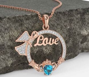 Diamond Topaz Rose Gold Silver Claddagh Angel Love Necklace