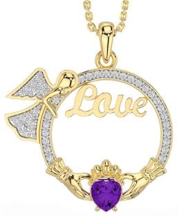 Diamond Amethyst Gold Silver Claddagh Angel Love Necklace