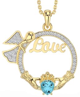 Diamond Aquamarine Gold Silver Claddagh Angel Love Necklace