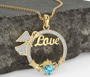 Diamond Aquamarine Gold Silver Claddagh Angel Love Necklace
