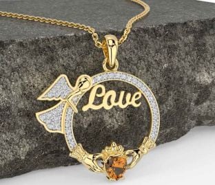 Diamond Citrine Gold Silver Claddagh Angel Love Necklace