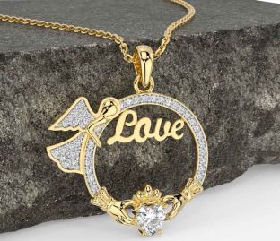 Diamond Gold Silver Claddagh Angel Love Necklace
