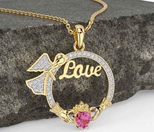 Diamond Pink Tourmaline Gold Silver Claddagh Angel Love Necklace