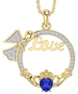 Diamond Sapphire Gold Silver Claddagh Angel Love Necklace